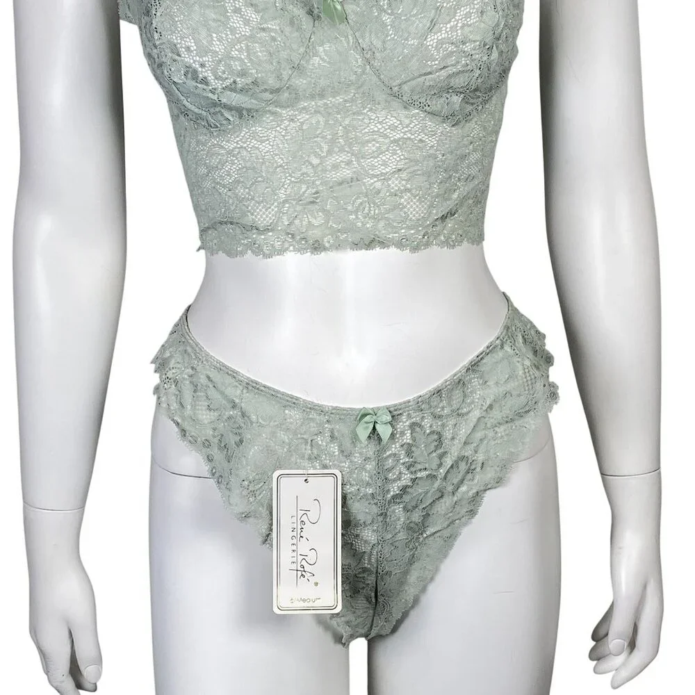 Rene Rofe Lingerie Unforgettable Lace Bralette and Panty Set Size M Sage Green - Picture 3 of 8